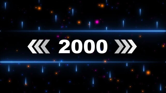Year 2000 Text With Blue Neon Lines And Colorful Bokeh Lights On Black Background number white