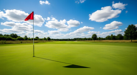 Obraz premium Scenic golf course with red flag on the green under a blue sky perfect for marketing and recreational purposes now