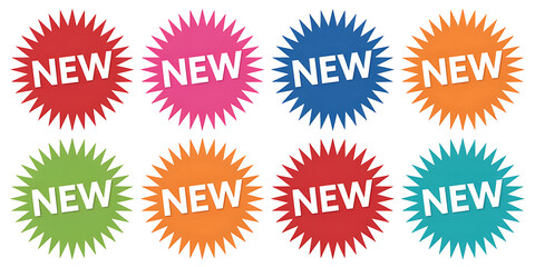 Collection of colorful new starburst stickers in various bright hues