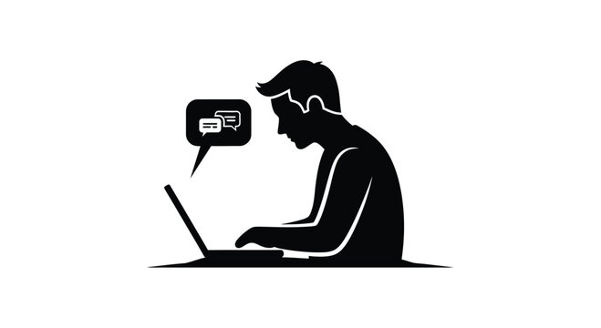 Silhouette of a man using a laptop with speech bubbles illustration online communication and social networking isolated on white background