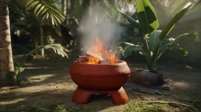 Kalan de uling; Traditional Filipino outdoor cooking, clay stove, red clay kalan de uling, glowing firewood, crackling fire, gentle smoke, tropical leaves, rustic village, nostalgic morning, cinematic