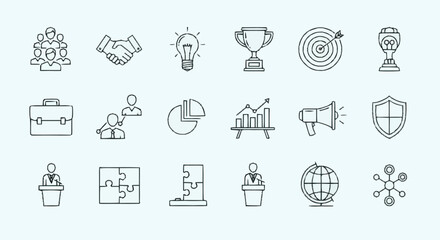 Collection of Business and Finance Icons Representing Success and Strategy.