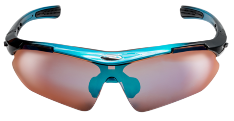 Green Sport sunglasses isolated on white background with clipping path. Protective eyewear with green lenses and black-purple frame for outdoor cycling, running, or fitness activities PNG File.