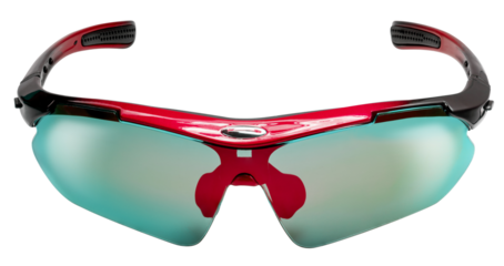 Red Sport sunglasses isolated on white background with clipping path. Protective eyewear with green lenses and black-purple frame for outdoor cycling, running, or fitness activities PNG File.