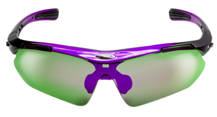 Purple Sport sunglasses isolated on white background with clipping path. Protective eyewear with green lenses and black-purple frame for outdoor cycling, running, or fitness activities PNG File.
