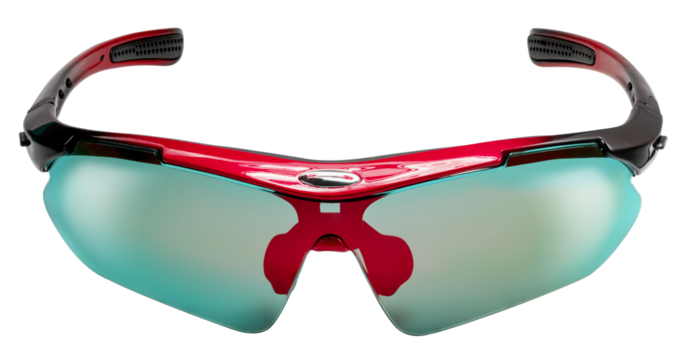 Red Sport sunglasses isolated on white background with clipping path. Protective eyewear with green lenses and black-purple frame for outdoor cycling, running, or fitness activities PNG File.