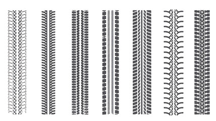 Collection of seven distinct tire tread patterns on a white background