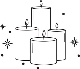 Minimalist Black and White Candle Cluster with Flames and Festive Sparkles – Elegant Holiday, Spiritual, and Cozy Decor Icon for Stock Use