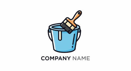 Blue paint bucket with brush for company logo design.