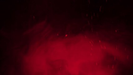 Cinematic dark background featuring rising red smoke, glowing fog, and floating fiery embers - Powered by Adobe