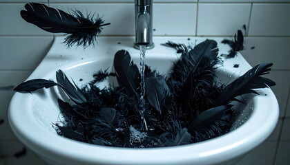 Black feathers fill a white sink with water running from the faucet.