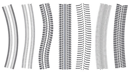 Collection of tire tracks and tread patterns on a white background