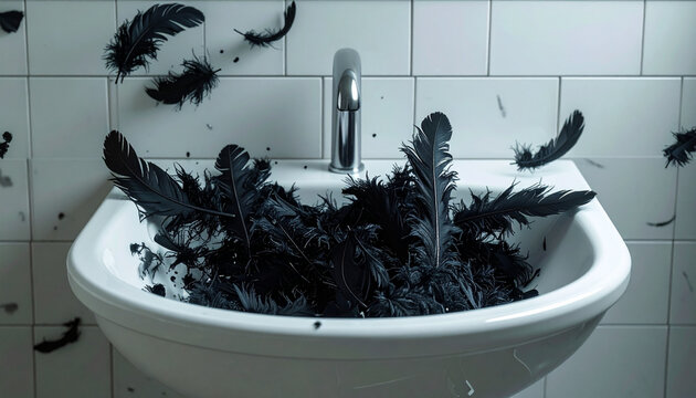 Black feathers filling a bathroom sink