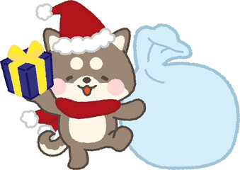 プレゼント袋を持つサンタ帽を被った黒柴と袋のフレーム