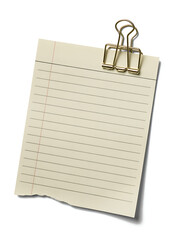 A torn piece of lined paper held by a gold binder clip, isolated on white background