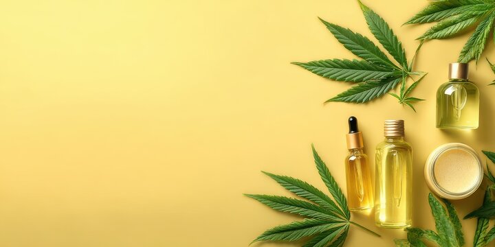 Exclusive photo of cannabis oil bottles and leaves on a yellow background.