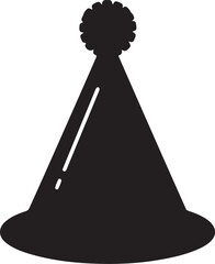 Black Silhouette Party Hat Icon – Festive Celebration Cone with Pom-Pom and Diagonal Stripes for Birthday, Holiday, and Event Design