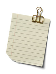 A single sheet of lined paper held by a gold binder clip, isolated on white background