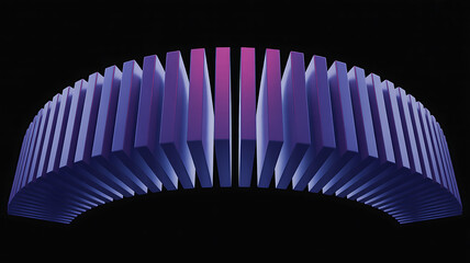 Curved array of purple and pink vertical fins against a stark black background
