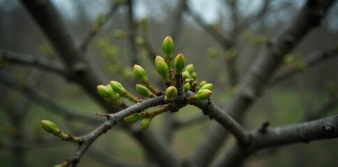Tiny green buds on a bare winter branch, anticipation of spring, delicate texture Extreme close up of tiny, vibrant green buds forming on a bare, textured brown winter tree branch. The background is a