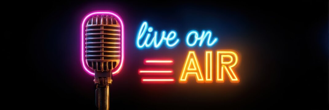 Exclusive photo of vintage microphone with neon sign that says live on air.