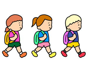 歩いて登校する白人の女の子　3人セット