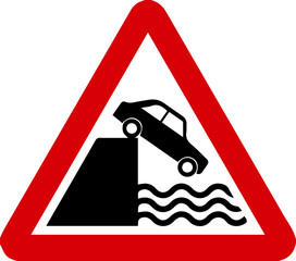 River exit warning signs warn drivers that the road ahead ends at a water_s edge, such as a pier, riverbank, canal, or pond.