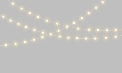 Realistic warm glowing string lights or christmas fairy light overlay with soft warm white...