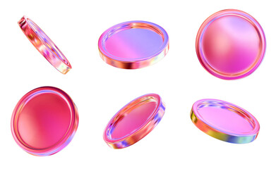 3D set holographic or neon coins with different angles.  Symbol of gold and wealth. Stock vector illustration on isolated background.