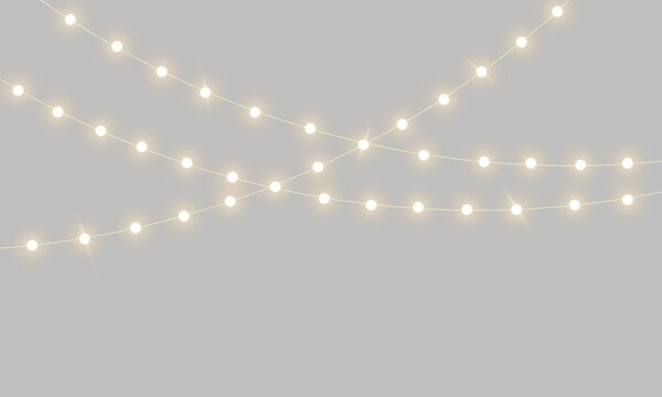 Realistic warm glowing string lights or christmas fairy light overlay with soft warm white illumination for festive event celebration and home decoration on transparent background