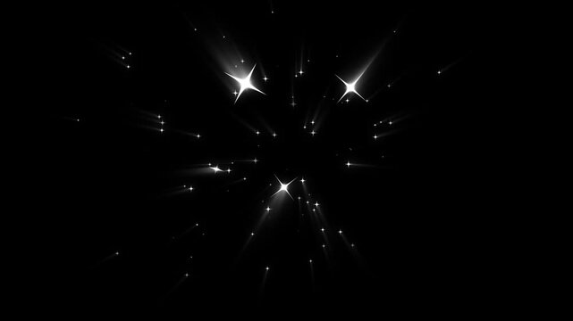 Twinkling star glitter sparkle shine animation of flash rays light effects, for desi Optical Lens flare light on black screen background.
