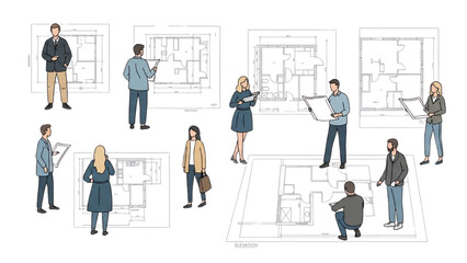 Architectural Professionals Collaborating on Building Blueprints and Construction Plans, Reviewing Design Schematics and Engineering Projects