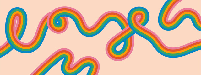 Retro wavy lines pattern with colorful rainbow stripes. Vintage 60s style groovy background. Abstract vector illustration.
