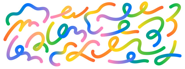 Wavy rainbow line set. Gradient liquid swirl shapes for modern kid designs. Squiggly vector elements.