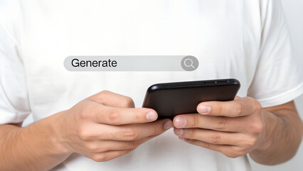 AI search technology concept. Businessman touch search bar on virtual screen. Change online search with generative AI.