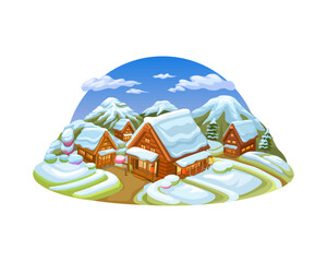 Winter Village in Japan with Snow-Capped Mountains and Traditional Houses Cartoon Illustration Vector
