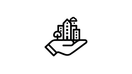 Fototapeta premium Hand of the City. A stylized hand holding a protective roof over a small cityscape.