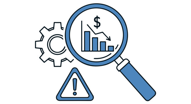 Magnifying glass over declining graph with gears and warning sign isolated on transparent background