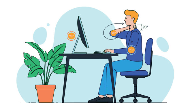 Person working at a computer with correct ergonomic posture isolated on transparent background