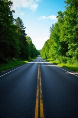Open highway stretching to the horizon through a lush green forest, dappled sunlight, sense of journey. An asphalt highway disappearing into the distance, flanked by dense, lush green forest. Sunlight