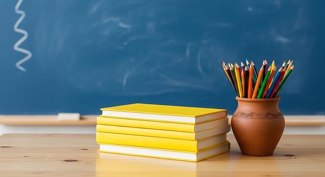 Stack of yellow books and pencils in a pot on a wooden desk in front of a blue chalkboard. - Powered by Adobe