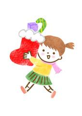 お菓子が入った大きなサンタブーツを持った女の子の手描きイラスト