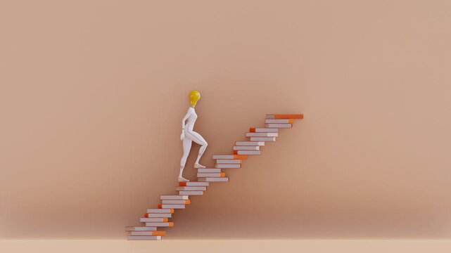 A person with a lightbulb head climbing a ladder of books, symbolizing wisdom, academic success, innovation, motivation to study, professional growth, creativity, and lifelong learning.