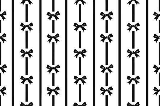 Seamless pattern of black bows on white vertical stripes