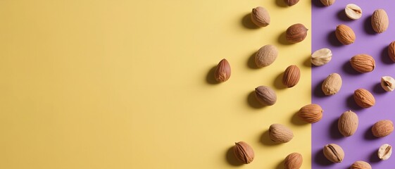 Fototapeta premium Almonds arranged on a split yellow and purple background