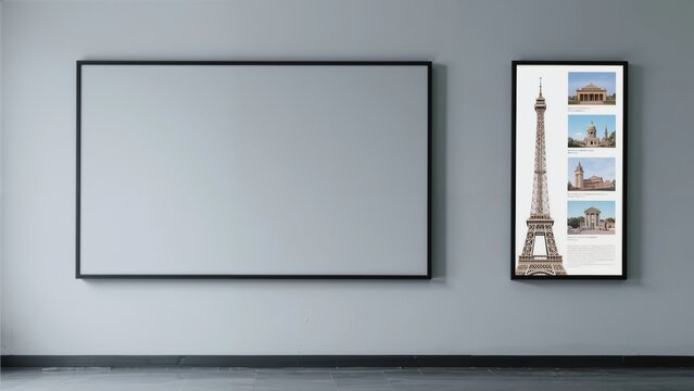 Blank frame and collage of Eiffel Tower images on a gray wall