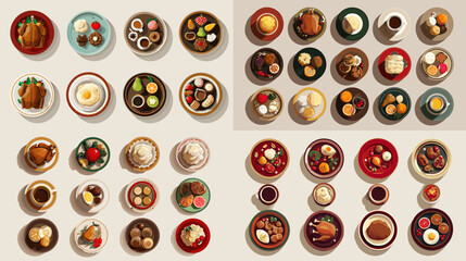 Realistic top-view illustration of assorted meals, desserts, and drinks in warm tones. Perfect for restaurant menus, culinary posters, food photography mockups, and cafe branding projects.