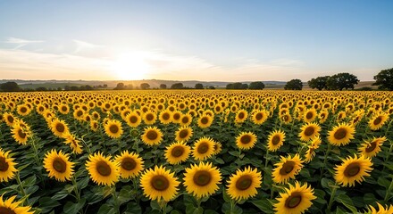 Obraz premium Vast Sunflower Field Bathed in Golden Sunset Light.