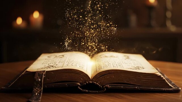 Magical book emits sparkling dust in cozy ambiance. Glowing light enhances enchanting atmosphere. Perfect for fantasy storytelling and imaginative projects.