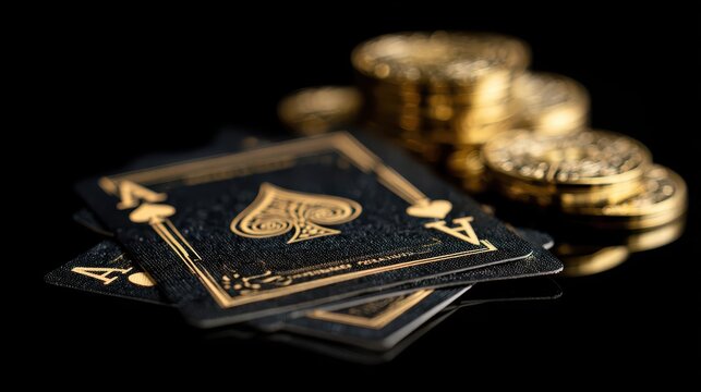 Luxury black and gold playing cards with stacked golden coins on black background